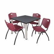 36 IN SQUARE BREAKROOM TABLE- GREY TOP, CHROME LEGS, 4 M STACK CHAIRS- BURGUNDY <FONT COLOR=GREEN>-FREE SHIPPING-</FONT>