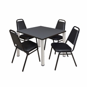 36 IN SQUARE BREAKROOM TABLE- GREY TOP, CHROME LEGS, 4 RESTAURANT STACK CHAIRS <FONT COLOR=GREEN>-FREE SHIPPING-</FONT>