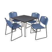 36 IN SQUARE BREAKROOM TABLE- GREY TOP, CHROME LEGS, 4 STACK CHAIRS- BLUE <FONT COLOR=GREEN>-FREE SHIPPING-</FONT>