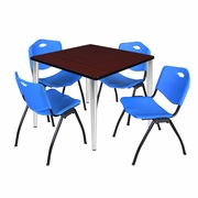 36 IN. SQUARE BREAKROOM TABLE- MAHOGANY TOP, BLACK BASE & 4 M STACK CHAIRS- BLUE <FONT COLOR=GREEN>-FREE SHIPPING-</FONT>