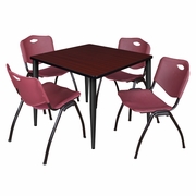 36 IN. SQUARE BREAKROOM TABLE- MAHOGANY TOP, BLACK BASE & 4 M STACK CHAIRS- BURGUNDY <FONT COLOR=GREEN>-FREE SHIPPING-</FONT>