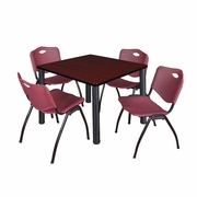 36 IN SQUARE BREAKROOM TABLE- MAHOGANY TOP, BLACK LEGS, 4 M STACK CHAIRS- BURGUNDY <FONT COLOR=GREEN>-FREE SHIPPING-</FONT>