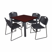 36 IN SQUARE BREAKROOM TABLE- MAHOGANY TOP, BLACK LEGS, 4 STACK CHAIRS- BLACK <FONT COLOR=GREEN>-FREE SHIPPING-</FONT>