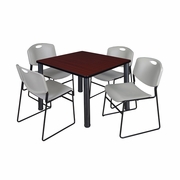 36 IN SQUARE BREAKROOM TABLE- MAHOGANY TOP, BLACK LEGS, 4 STACK CHAIRS- GREY <FONT COLOR=GREEN>-FREE SHIPPING-</FONT>