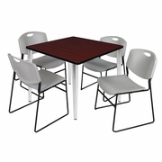 36 IN. SQUARE BREAKROOM TABLE- MAHOGANY TOP, CHROME BASE & 4 STACK CHAIRS- GREY <FONT COLOR=GREEN>-FREE SHIPPING-</FONT>