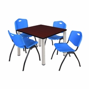 36 IN SQUARE BREAKROOM TABLE- MAHOGANY TOP, CHROME LEGS, 4 M STACK CHAIRS- BLUE <FONT COLOR=GREEN>-FREE SHIPPING-</FONT>