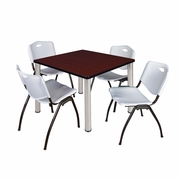 36 IN SQUARE BREAKROOM TABLE- MAHOGANY TOP, CHROME LEGS, 4 M STACK CHAIRS- GREY <FONT COLOR=GREEN>-FREE SHIPPING-</FONT>
