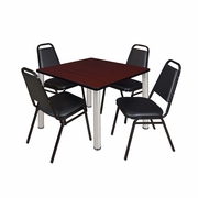 36 IN SQUARE BREAKROOM TABLE- MAHOGANY TOP, CHROME LEGS, 4 RESTAURANT STACK CHAIRS <FONT COLOR=GREEN>-FREE SHIPPING-</FONT>