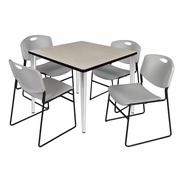 36 IN. SQUARE BREAKROOM TABLE- MAPLE TOP, CHROME BASE & 4 STACK CHAIRS- GREY <FONT COLOR=GREEN>-FREE SHIPPING-</FONT>