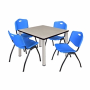 36 IN SQUARE BREAKROOM TABLE- MAPLE TOP, CHROME LEGS, 4 M STACK CHAIRS- BLUE <FONT COLOR=GREEN>-FREE SHIPPING-</FONT>