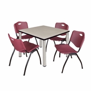 36 IN SQUARE BREAKROOM TABLE- MAPLE TOP, CHROME LEGS, 4 M STACK CHAIRS- BURGUNDY <FONT COLOR=GREEN>-FREE SHIPPING-</FONT>