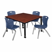 36 IN. SQUARE MOBILE ADJUSTABLE CLASSROOM TABLE- CHERRY & 4 ANDY 12 IN. STACK CHAIRS- BLUE <FONT COLOR=GREEN>-FREE SHIPPING-</FONT>