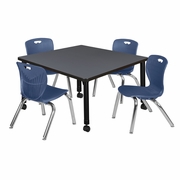 36 IN. SQUARE MOBILE ADJUSTABLE CLASSROOM TABLE- GREY & 4 ANDY 12 IN. STACK CHAIRS- BLUE <FONT COLOR=GREEN>-FREE SHIPPING-</FONT>