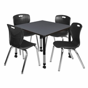 36 IN. SQUARE MOBILE ADJUSTABLE CLASSROOM TABLE- GREY & 4 ANDY 18 IN. STACK CHAIRS- BLACK <FONT COLOR=GREEN>-FREE SHIPPING-</FONT>