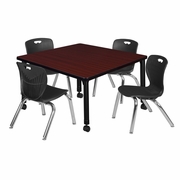 36 IN. SQUARE MOBILE ADJUSTABLE CLASSROOM TABLE- MAHOGANY & 4 ANDY 12 IN. STACK CHAIRS- BLACK <FONT COLOR=GREEN>-FREE SHIPPING-</FONT>