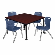 36 IN. SQUARE MOBILE ADJUSTABLE CLASSROOM TABLE- MAHOGANY & 4 ANDY 12 IN. STACK CHAIRS- BLUE <FONT COLOR=GREEN>-FREE SHIPPING-</FONT>