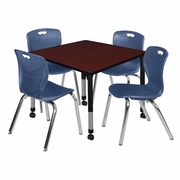 36 IN. SQUARE MOBILE ADJUSTABLE CLASSROOM TABLE- MAHOGANY & 4 ANDY 18 IN. STACK CHAIRS- BLUE <FONT COLOR=GREEN>-FREE SHIPPING-</FONT>