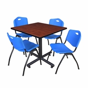 36 IN. SQUARE X-BASE BREAKROOM TABLE- CHERRY, 4 M STACK CHAIRS- BLUE <FONT COLOR=GREEN>-FREE SHIPPING-</FONT>