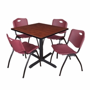 36 IN. SQUARE X-BASE BREAKROOM TABLE- CHERRY & 4 M STACK CHAIRS- BURGUNDY <FONT COLOR=GREEN>-FREE SHIPPING-</FONT>