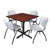 36 IN. SQUARE X-BASE BREAKROOM TABLE- CHERRY & 4 M STACK CHAIRS- GREY <FONT COLOR=GREEN>-FREE SHIPPING-</FONT>