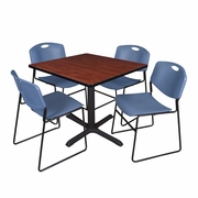 36 IN. SQUARE X-BASE BREAKROOM TABLE- CHERRY & 4 STACK CHAIRS- BLUE <FONT COLOR=GREEN>-FREE SHIPPING-</FONT>