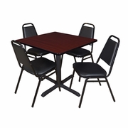 36 IN. SQUARE X-BASE BREAKROOM TABLE- MAHOGANY & 4 RESTAURANT STACK CHAIRS- BLACK <FONT COLOR=GREEN>-FREE SHIPPING-</FONT>