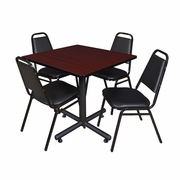 36 IN. SQUARE X-BASE BREAKROOM TABLE- MAHOGANY, 4 RESTAURANT STACK CHAIRS- BLACK <FONT COLOR=GREEN>-FREE SHIPPING-</FONT>
