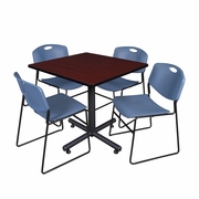 36 IN. SQUARE X-BASE BREAKROOM TABLE- MAHOGANY, 4 STACK CHAIRS- BLUE <FONT COLOR=GREEN>-FREE SHIPPING-</FONT>
