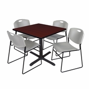 36 IN. SQUARE X-BASE BREAKROOM TABLE- MAHOGANY & 4 STACK CHAIRS- GREY <FONT COLOR=GREEN>-FREE SHIPPING-</FONT>