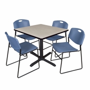 36 IN. SQUARE X-BASE BREAKROOM TABLE- MAPLE & 4 STACK CHAIRS- BLUE <FONT COLOR=GREEN>-FREE SHIPPING-</FONT>