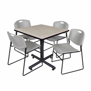 36 IN. SQUARE X-BASE BREAKROOM TABLE- MAPLE, 4 STACK CHAIRS- GREY <FONT COLOR=GREEN>-FREE SHIPPING-</FONT>