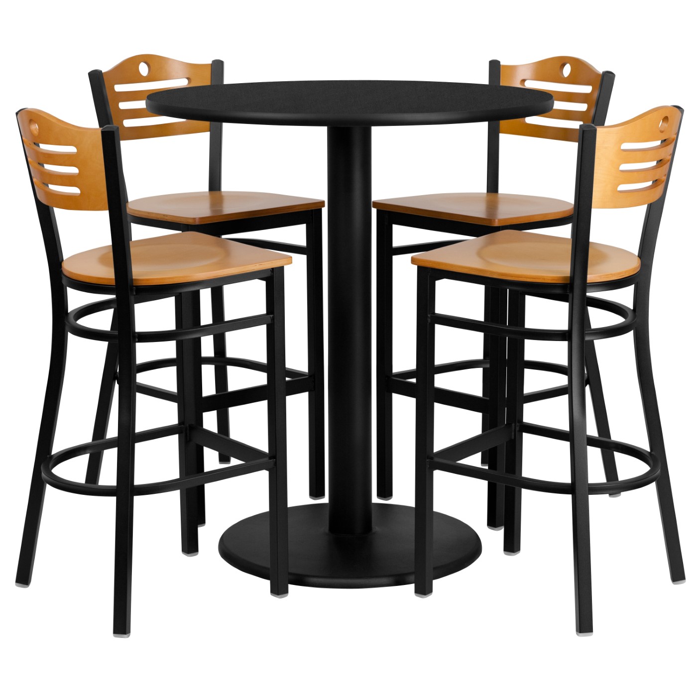 36'' ROUND BLACK LAMINATE TABLE SET WITH 4 WOOD SLAT BACK METAL BARSTOOLS - NATURAL WOOD SEAT <font color=green>FREE SHIPPING!</font> 36'' ROUND BLACK LAMINATE TABLE SET WITH 4 WOOD SLAT BACK METAL BARSTOOLS - NATURAL WOOD SEAT <font color=green>FREE SHIPPING!</font>