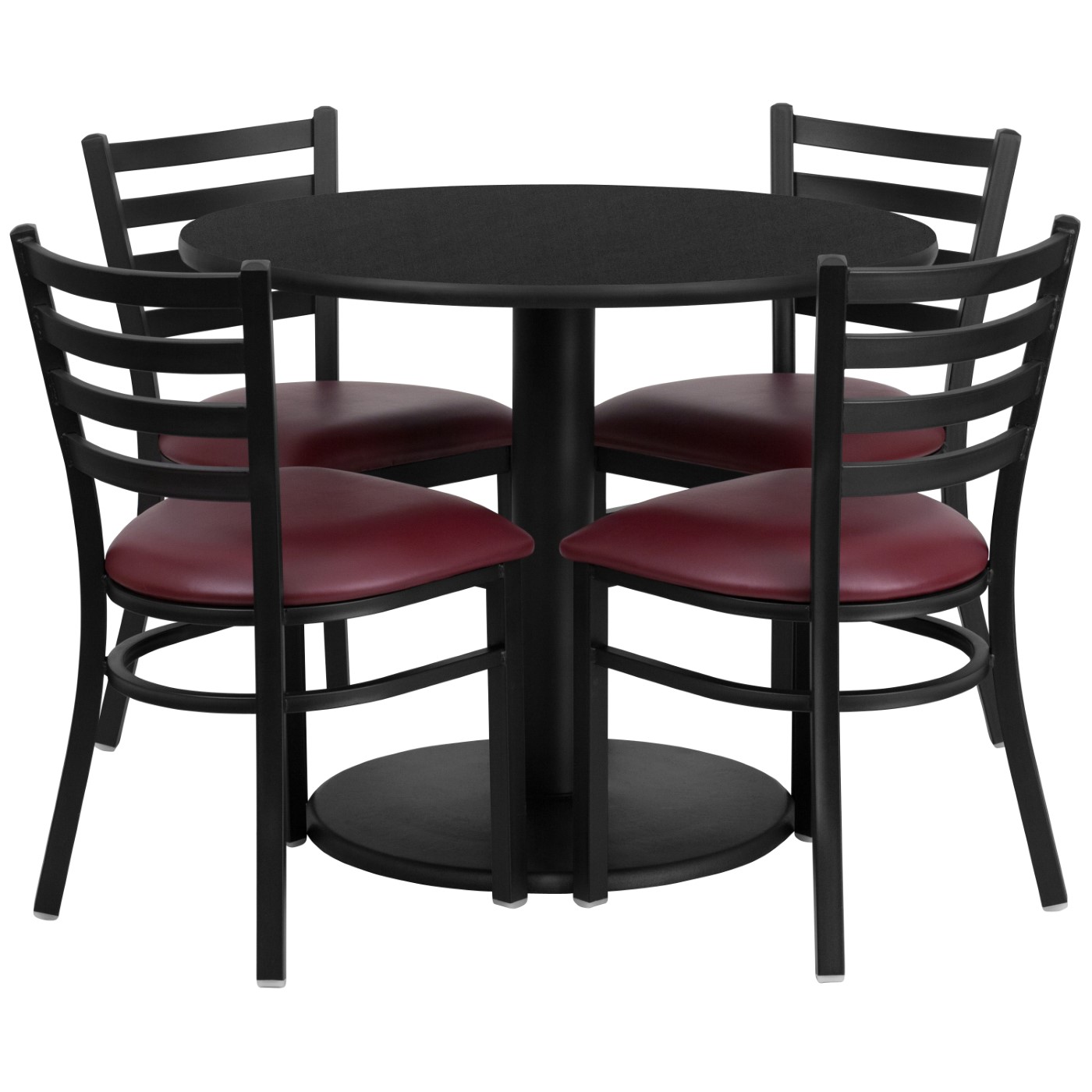 36'' ROUND BLACK LAMINATE TABLE SET WITH ROUND BASE AND 4 LADDER BACK METAL CHAIRS - BURGUNDY VINYL SEAT <font color=green>FREE SHIPPING!</font> 36'' ROUND BLACK LAMINATE TABLE SET WITH ROUND BASE AND 4 LADDER BACK METAL CHAIRS - BURGUNDY VINYL SEAT <font color=green>FREE SHIPPING!</font>