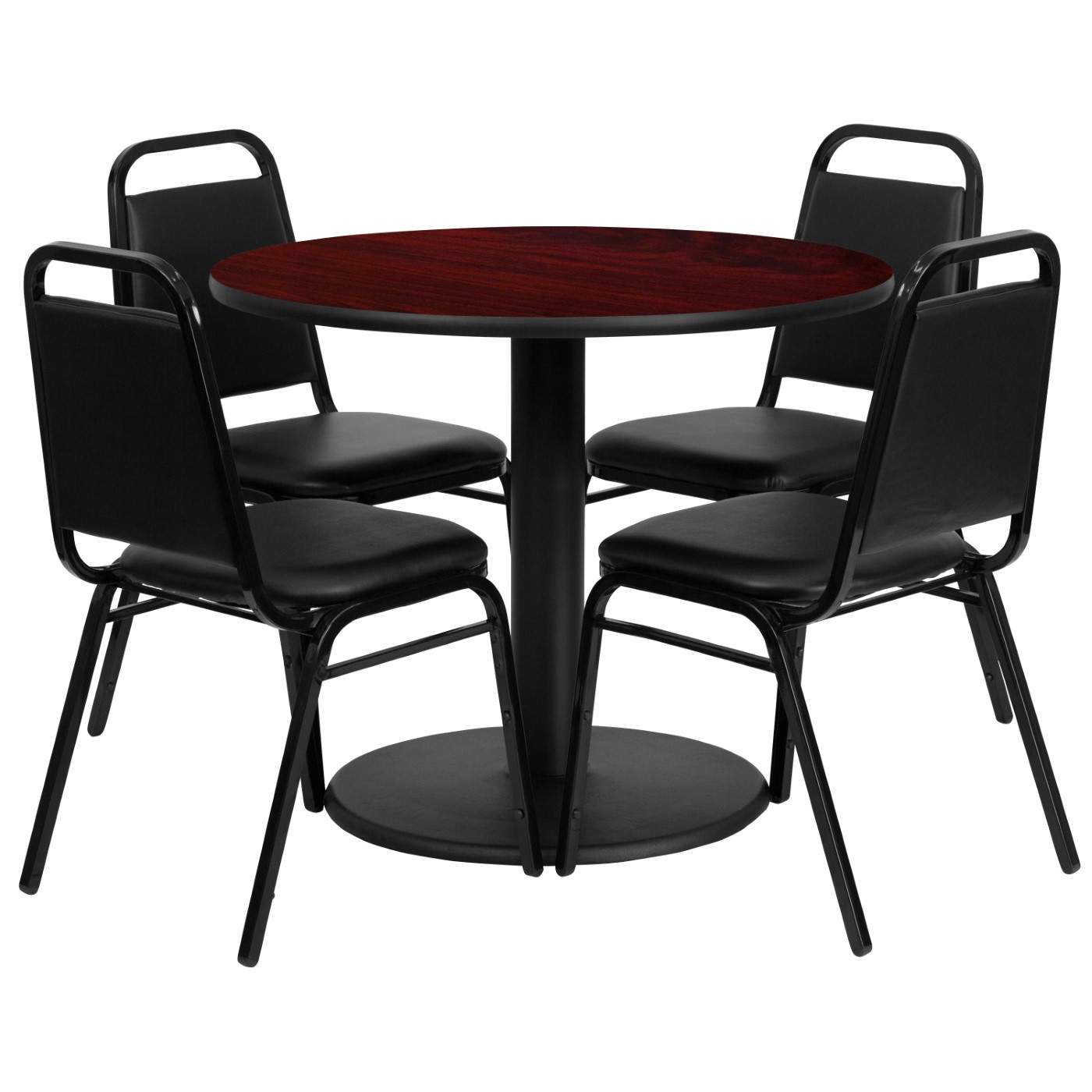 36'' ROUND MAHOGANY LAMINATE TABLE SET WITH ROUND BASE AND 4 BLACK TRAPEZOIDAL BACK BANQUET CHAIRS <font color=green>FREE SHIPPING!</font> 36'' ROUND MAHOGANY LAMINATE TABLE SET WITH ROUND BASE AND 4 BLACK TRAPEZOIDAL BACK BANQUET CHAIRS <font color=green>FREE SHIPPING!</font>