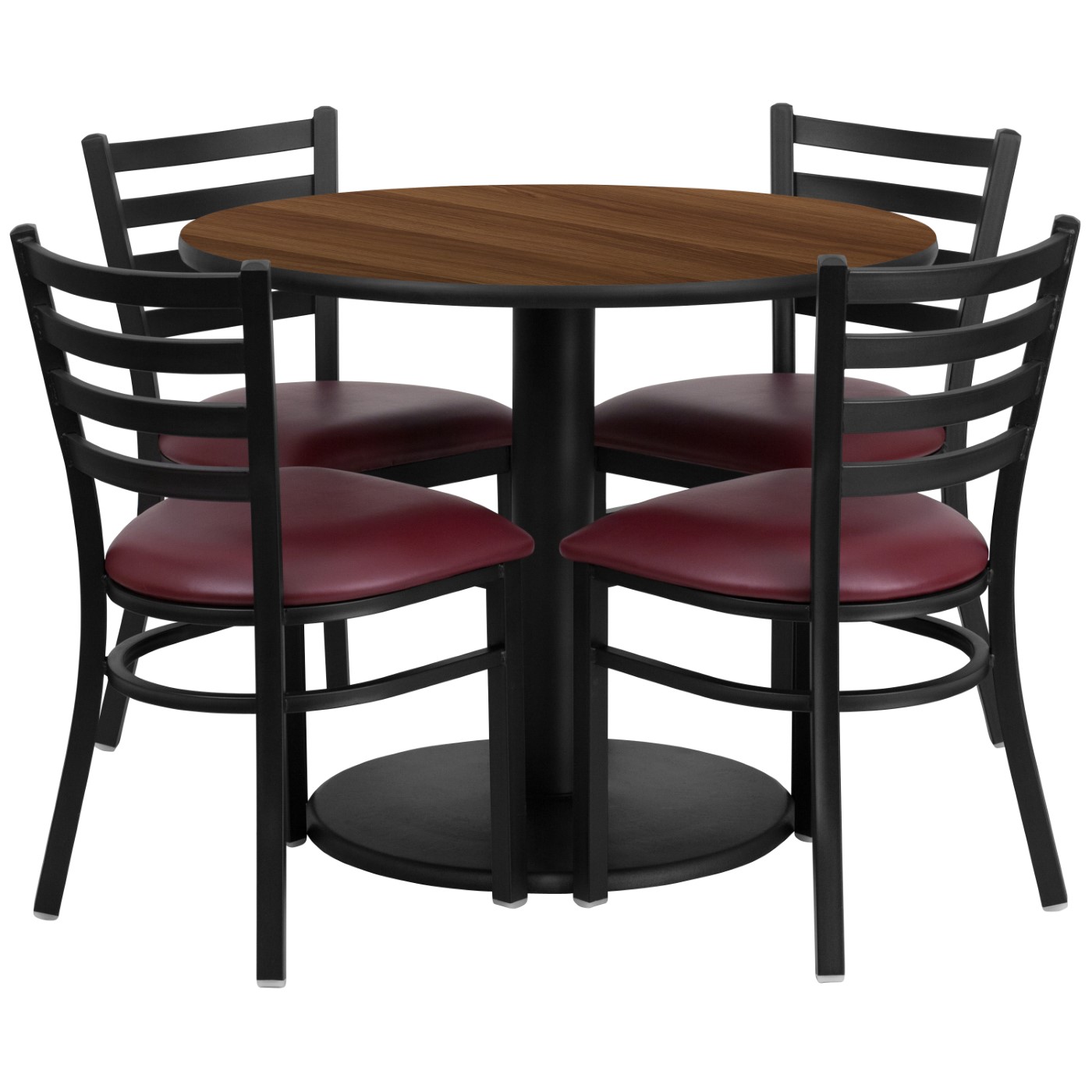 36'' ROUND WALNUT LAMINATE TABLE SET WITH ROUND BASE AND 4 LADDER BACK METAL CHAIRS - BURGUNDY VINYL SEAT <font color=green>FREE SHIPPING!</font> 36'' ROUND WALNUT LAMINATE TABLE SET WITH ROUND BASE AND 4 LADDER BACK METAL CHAIRS - BURGUNDY VINYL SEAT <font color=green>FREE SHIPPING!</font>
