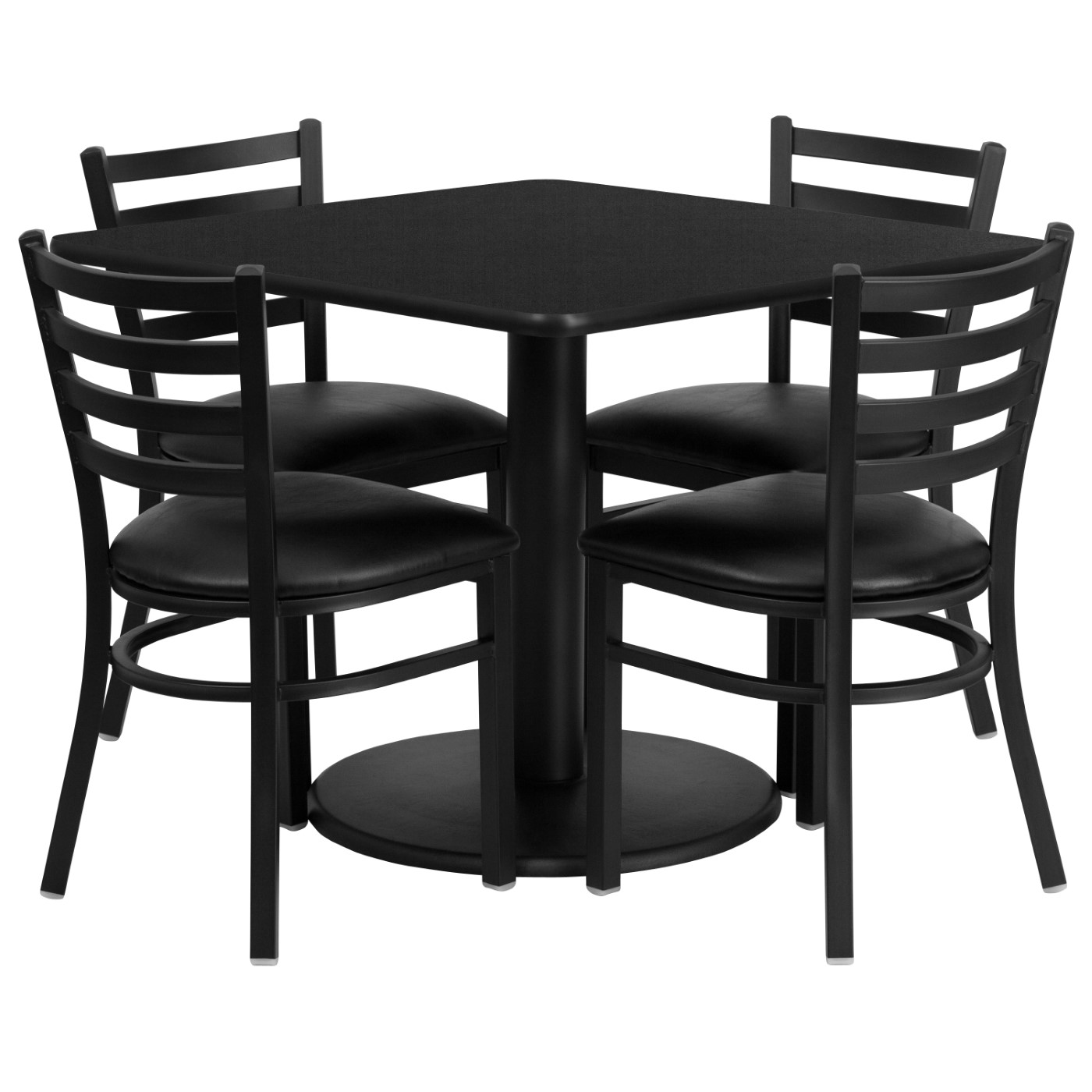 36'' SQUARE BLACK LAMINATE TABLE SET WITH ROUND BASE AND 4 LADDER BACK METAL CHAIRS - BLACK VINYL SEAT: <font color=green>FREE SHIPPING!</font> 36'' SQUARE BLACK LAMINATE TABLE SET WITH ROUND BASE AND 4 LADDER BACK METAL CHAIRS - BLACK VINYL SEAT: <font color=green>FREE SHIPPING!</font>