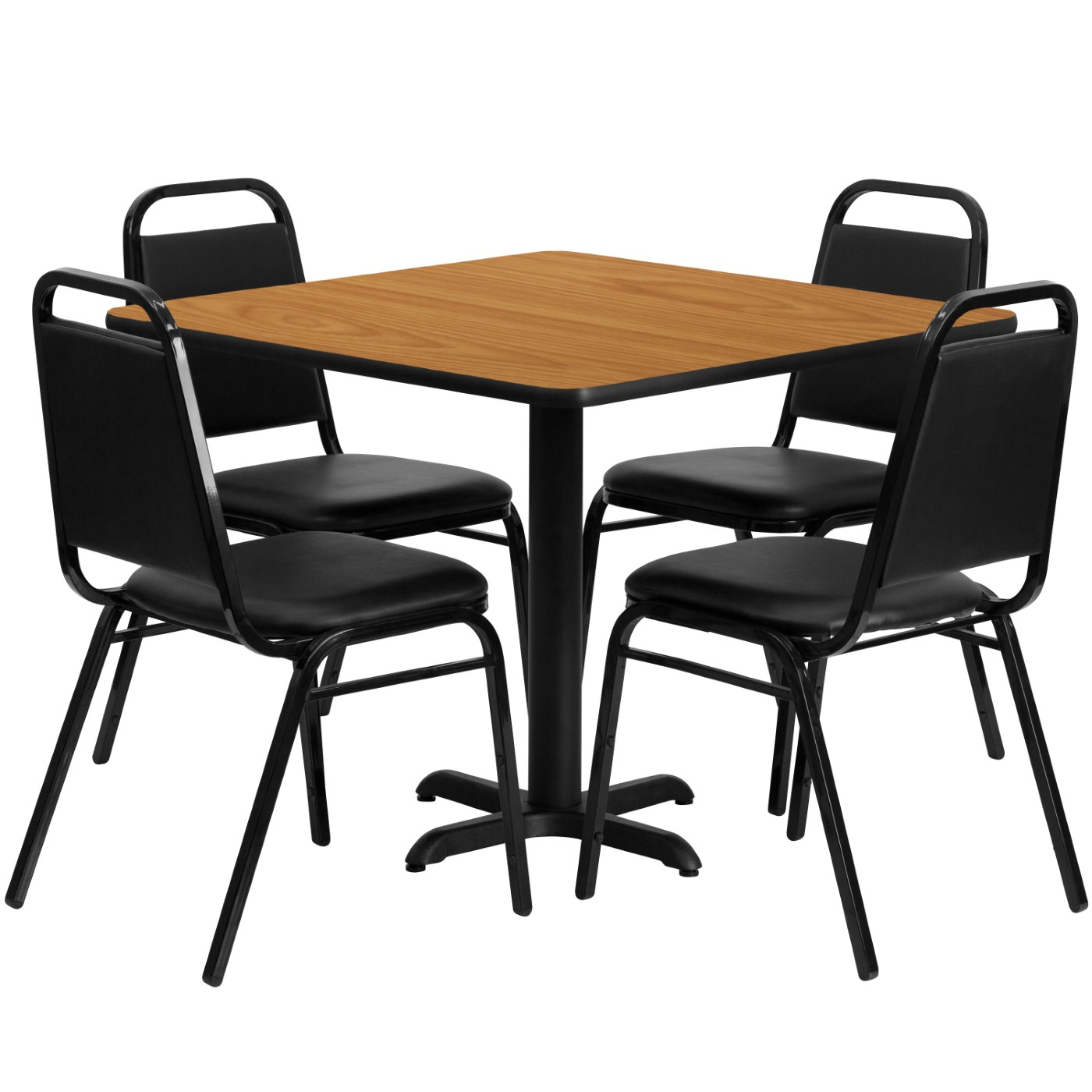 36'' SQUARE NATURAL LAMINATE TABLE SET WITH X-BASE AND 4 BLACK TRAPEZOIDAL BACK BANQUET CHAIRS: <font color=green>FREE SHIPPING!</font> 36'' SQUARE NATURAL LAMINATE TABLE SET WITH X-BASE AND 4 BLACK TRAPEZOIDAL BACK BANQUET CHAIRS: <font color=green>FREE SHIPPING!</font>