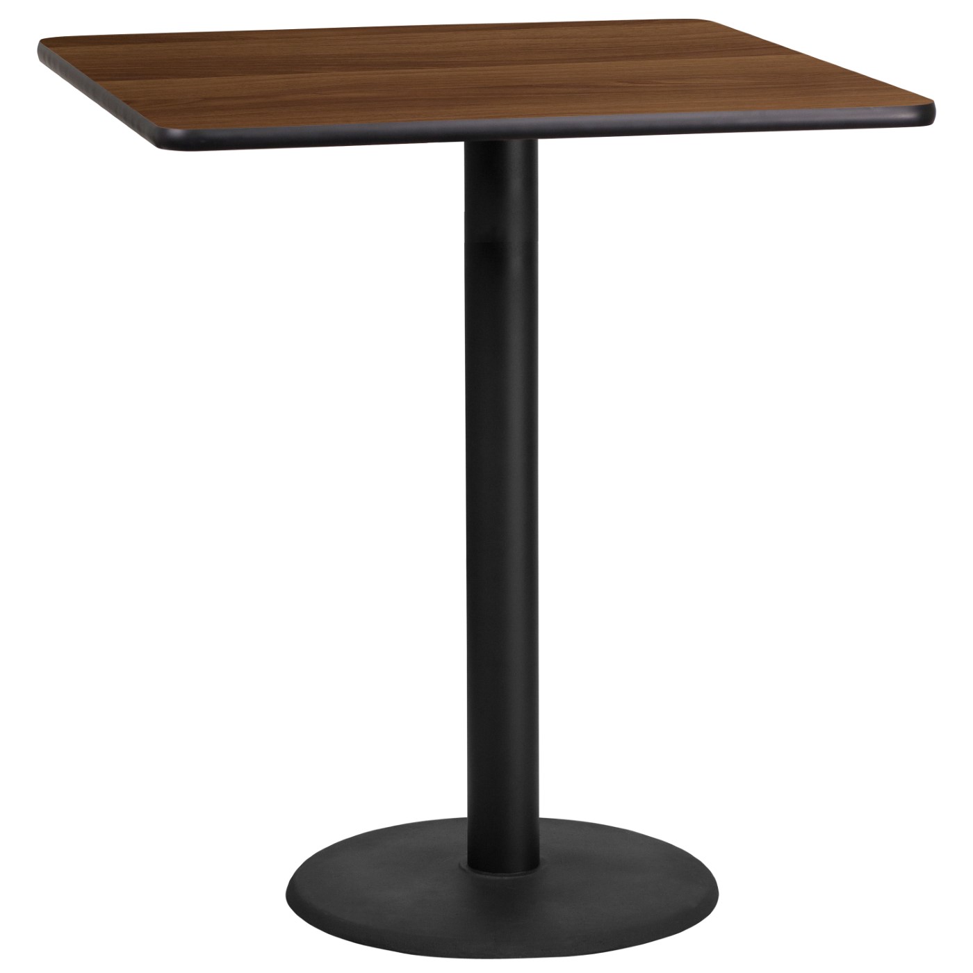 36'' SQUARE WALNUT LAMINATE TABLE TOP WITH 24'' ROUND BAR HEIGHT TABLE BASE: <font color=green>FREE SHIPPING!</font> 36'' SQUARE WALNUT LAMINATE TABLE TOP WITH 24'' ROUND BAR HEIGHT TABLE BASE: <font color=green>FREE SHIPPING!</font>