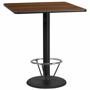 36'' SQUARE WALNUT LAMINATE TABLE TOP WITH 24'' ROUND BAR HEIGHT TABLE BASE AND FOOT RING <font color=green>FREE SHIPPING!</font>