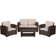 4 PIECE OUTDOOR FAUX RATTAN CHAIR, LOVESEAT AND TABLE SET IN CHOCOLATE BROWN: <font color=green>FREE SHIPPING!</font>