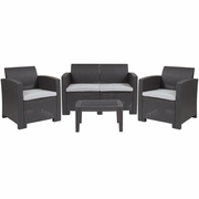 4 PIECE OUTDOOR FAUX RATTAN CHAIR, LOVESEAT AND TABLE SET IN DARK GRAY: <font color=green>FREE SHIPPING!</font>