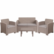 4 PIECE OUTDOOR FAUX RATTAN CHAIR, LOVESEAT AND TABLE SET IN LIGHT GRAY: <font color=green>FREE SHIPPING!</font>