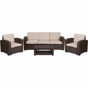 4 PIECE OUTDOOR FAUX RATTAN CHAIR, SOFA AND TABLE SET IN CHOCOLATE BROWN: <font color=green>FREE SHIPPING!</font> 4 PIECE OUTDOOR FAUX RATTAN CHAIR, SOFA AND TABLE SET IN CHOCOLATE BROWN: <font color=green>FREE SHIPPING!</font>