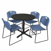 42 IN. ROUND BREAKROOM TABLE- ASH GREY & 4 STACK CHAIRS- BLUE <FONT COLOR=GREEN>-FREE SHIPPING-</FONT>