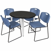 42 IN. ROUND BREAKROOM TABLE- ASH GREY TOP, CHROME BASE & 4 STACK CHAIRS- BLUE <FONT COLOR=GREEN>-FREE SHIPPING-</FONT>