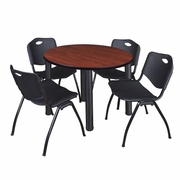 42 IN ROUND BREAKROOM TABLE- CHERRY TOP, BLACK LEGS, 4 M STACK CHAIRS- BLACK <FONT COLOR=GREEN>-FREE SHIPPING-</FONT>