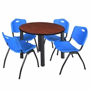 42 IN ROUND BREAKROOM TABLE- CHERRY TOP, BLACK LEGS, 4 M STACK CHAIRS- BLUE <FONT COLOR=GREEN>-FREE SHIPPING-</FONT>