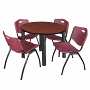 42 IN ROUND BREAKROOM TABLE- CHERRY TOP, BLACK LEGS, 4 M STACK CHAIRS- BURGUNDY <FONT COLOR=GREEN>-FREE SHIPPING-</FONT>
