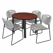 42 IN ROUND BREAKROOM TABLE- CHERRY TOP, BLACK LEGS, 4 STACK CHAIRS- GREY <FONT COLOR=GREEN>-FREE SHIPPING-</FONT>