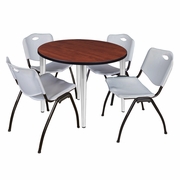 42 IN. ROUND BREAKROOM TABLE- CHERRY TOP, CHROME BASE & 4 M STACK CHAIRS- GREY <FONT COLOR=GREEN>-FREE SHIPPING-</FONT>